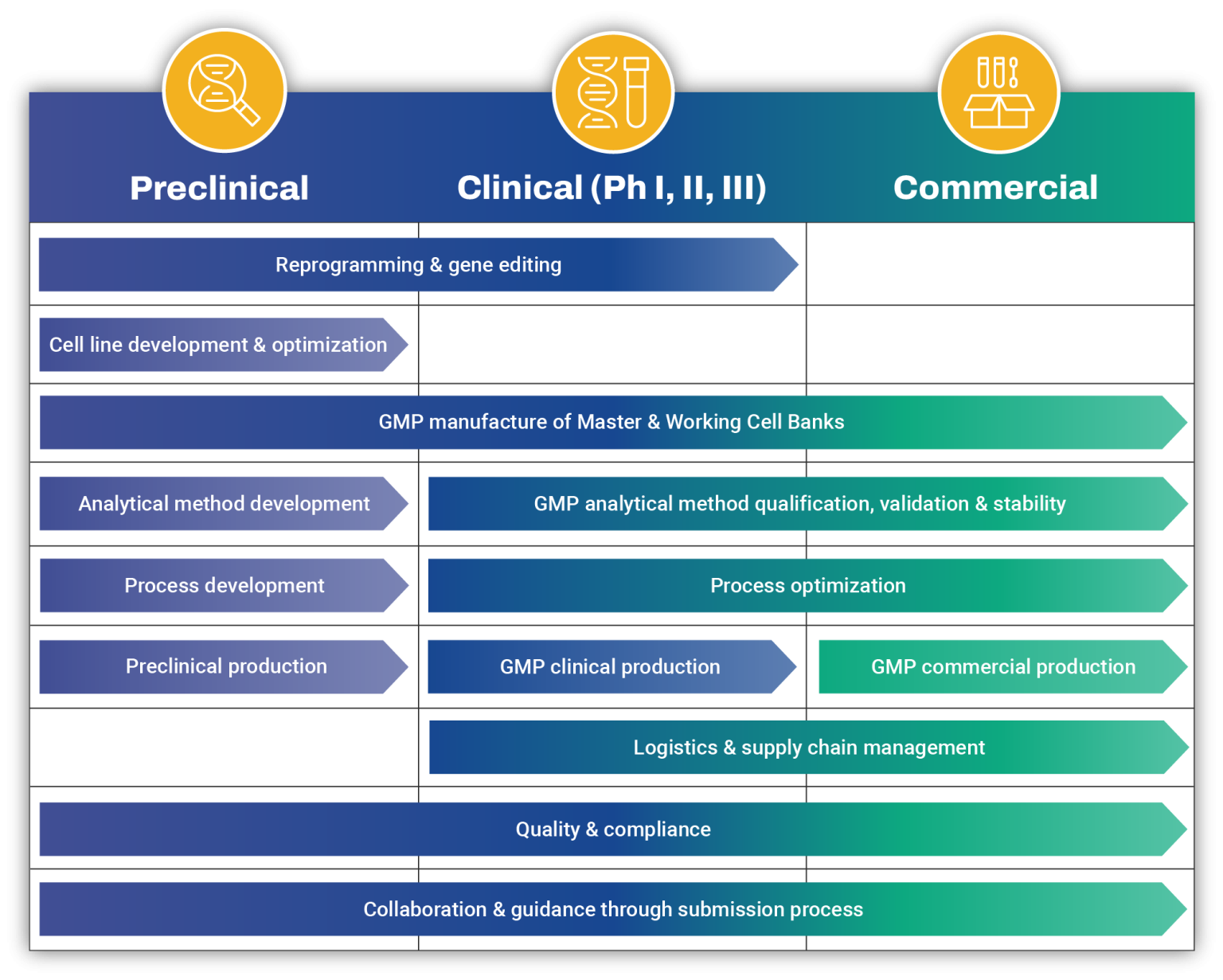 OmbiaBio Workflow Graphic: Preclinical, Clinical, Commercial